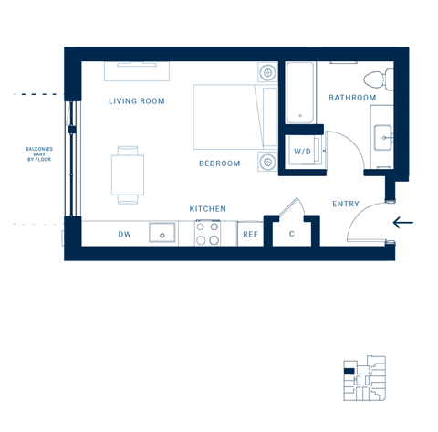 Floor plan for studio, 1 bath, 388 sqft